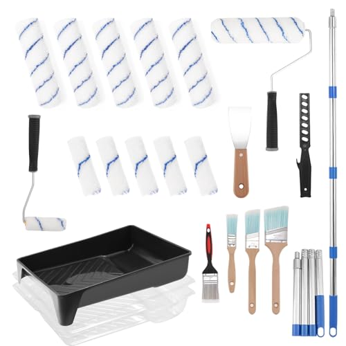 ETERNA Paint Roller Kit with Extension Pole, 25 Pieces Paint Supplies with Paint Tray&liners, 9 inch+4 inch Paint Roller Covers&Frames, Paint Brushes, Putty Knife, Perfect for Wall Decorating Home DIY - color: 25Piece-4"+9"with Extension Pole