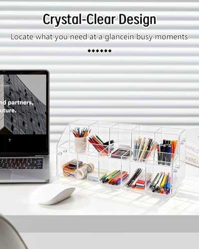 Multi-Compartment Clear Acrylic Pen Holder for Desk | Slanted Desktop Pencil Organizer & Marker Storage Case | Premium Hardware Stationary Cup for Home & Office (2 Tier) - size: 2 Layers