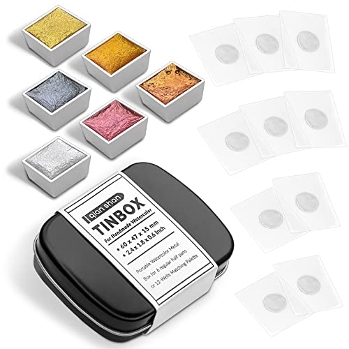qianshan Mini Portable Handmade Artist Watercolor Paint Travel Tin Box Set with 6 Metallic Pearlescent Glitter Solid Watercolor Half Pans Sparkle Professional Watercolor.Gold - color: Metallic Solid Watercolor-gold