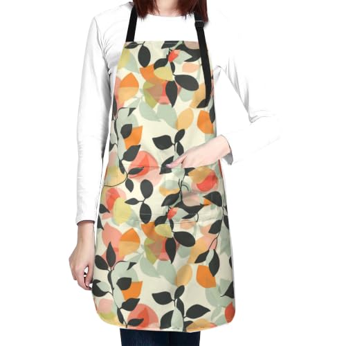 Cream Pastel Wildflower Art Waterproof Apron with Pockets | Garden Aprons for Men Women Adjustable Bib Apron for Cooking Kitchen Baking BBQ Painting Housework Oil Resistant - color: Abstract Floral Art