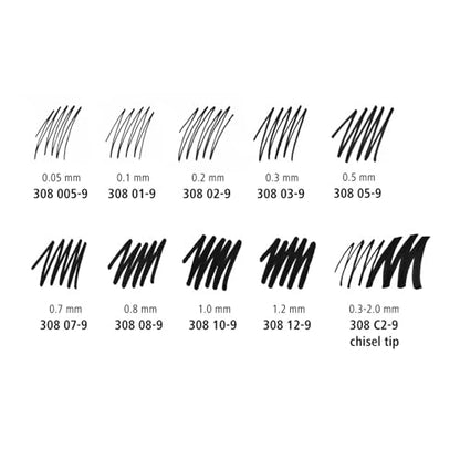 Staedtler Pigment Liner Pack, Black, 3 Pens, Assorted Line Widths 0.5mm/1.2mm/Chisel, 308-9S2BK3