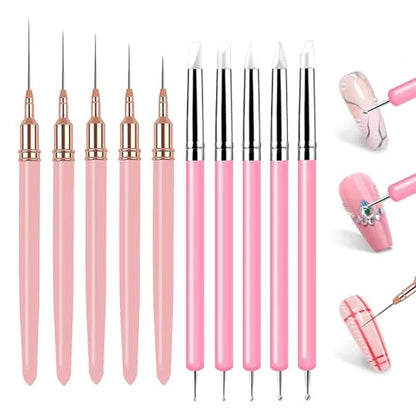 10Pcs Nail Art Tool Set, 5Pcs Ultra-Fine Nail Art Liner Brushes & 5Pcs Dual-Ended Silicone Dotting Pens, Precision Nail Art Painting Pens for Intricate Lines, Dots, Patterns & Salon DIY Manicure - color: Liner Brush & Silicone Pens