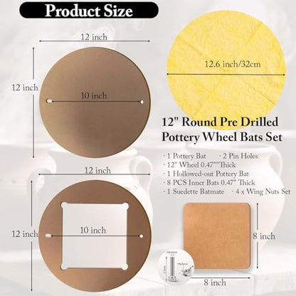 Gkesgm 2 Pcs 12" Round Pottery Wheel Bats and 8 Pcs 7" Square Inner Bats with 1Pc Batmate for Potters and Clay Artists,Ceramic Bat System for Clay Making and Sculpting