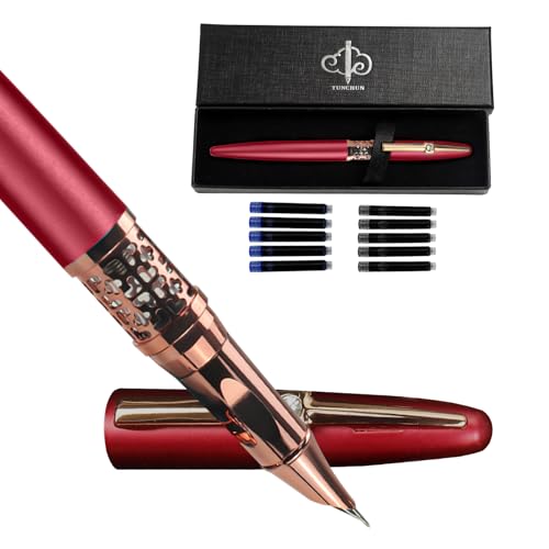 YUNCHUN Refillable Fountain Pen Fine Nib, Fancy Ink Pen with 10 Black & 10 Blue Ink Refills Cartridges, Cool Ink Pens for Writing, Business Metal, Best Gift Set for Men & Women, Red - color: Red, style: Fine Point