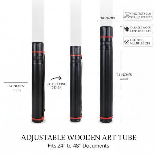 Adjustable Wooden Art Tube, Telescoping Poster and Blueprint Storage Case, Rigid Black Cylinder for Rolled Documents (1 PC) - size: 53.15 x 5.71 x 53.15 in