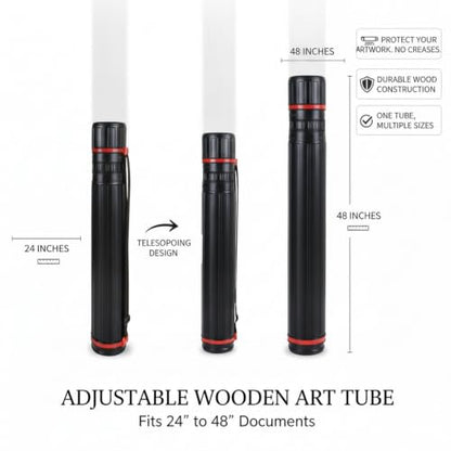 Adjustable Wooden Art Tube, Telescoping Poster and Blueprint Storage Case, Rigid Black Cylinder for Rolled Documents (1 PC) - size: 53.15 x 5.71 x 53.15 in