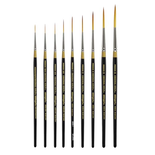 KINGART Original Gold 9050 Script Liner Series, Premium Golden Taklon Multimedia Artist Brushes, Sizes: 18/0, 10/0, 6/0, 2/0, 1, 2, 4, 6, 8, Set of 9