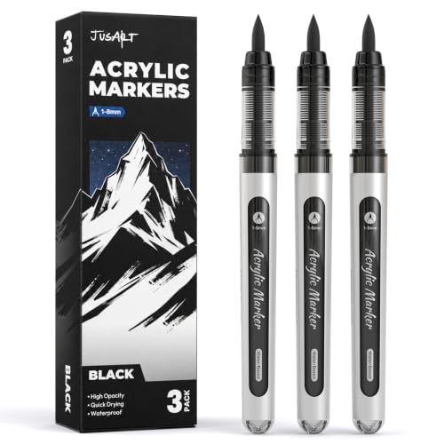 JusArt 3 Black Acrylic Paint Markers Brush Tip, Water-Based No-Bleed Markers with Automatic Ink Control, Waterproof Acrylic Paint Pens for DIY Art & Crafts -Fabric, Wood, Rock, Ceramic, Metal - color: Black
