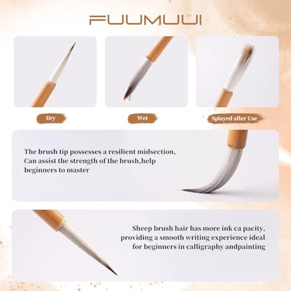 Fuumuui Chinese Calligraphy Brush, 3pcs Writing Brush Ink Painting Bamboo Watercolor Brushes Set Wolf Sheep Mix Brushes for Beginner Adult Professional Painting Tools - color: Wooden3