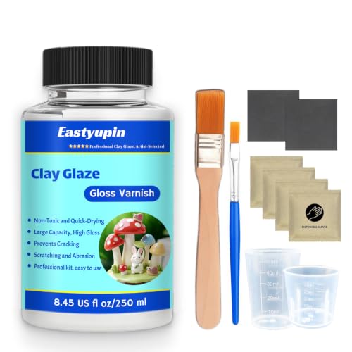 Air Dry Clay Glaze, 8.45fl Oz/250ml Clay Varnish,Pottery Glaze,with Measuring Cup Brush Petgloves, Scratch Resistant, Waterproof, Prevents Cracking, High-Gloss, Suitable for Clay Crafts