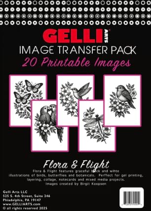 Gelli Arts Image Transfer Printables Pack – Collage Art & Texture Sheets for Gel Printing, Mixed Media, Scrapbooking, Card Making & DIY Crafts – 30 Printable 8x10 Images – Flora & Flight - color: black and green, blue, brown