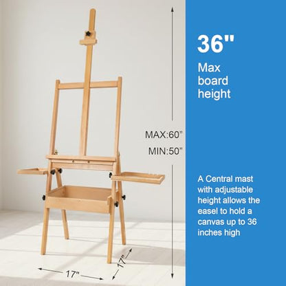 Falling in Art Large Wooden Painting Easel with Storage Drawer and Palettes, H-Frame Studio Easel Stand Holds Canvas up to 36 Inches, Suitable for Adults, Beginners, and Artists - style: Natural