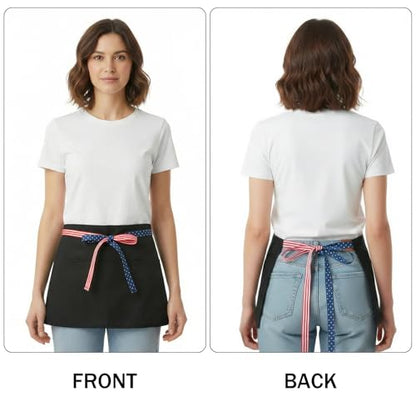 BOHARERS 3-Pocket Waist Apron With American Flag Print Straps - Black Waitress Waiter Server Short Aprons - color: A2-1 Pack American Flag Print Straps
