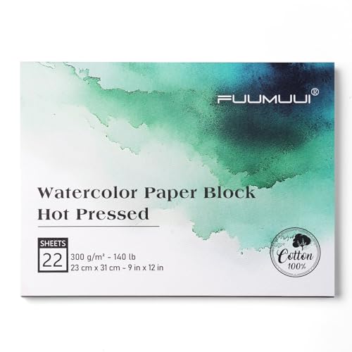 Fuumuui Watercolor Paper Block 9x12 Inch, Smooth Surface 100% Cotton Watercolor Paper, 22 Sheets, 140lb/300gsm, Hot Press, Acid-Free, Art Paper for Painting & Drawing, Wet, Mixed Media - color: Hot Press, size: 9×12"