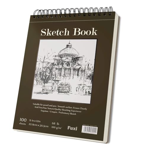 Fuxi 9" x 12" Sketch Book, Top Spiral Bound Sketch Pad, 100 Sheets 68lb/100gsm Acid-Free Drawing Paper, Art Sketchbook for Drawing Pad for Kids Artists & Beginners Professional Art Supplies for Adults - color: Brown, size: 9" x 12" (Pack of 1)