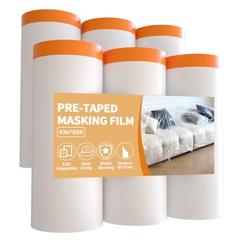 Painters Plastic Roll, Drop Cloth for Painting, 43" x 65', 6 Rolls | Paint protection film, plastic sheeting cover for painting, clear tarp waterproof, floor protector, carpet & furniture cover - size: 43in x 65Ft