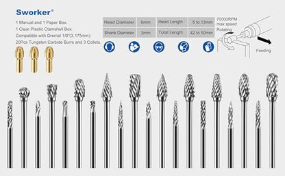 3Pcs Collets and 20Pcs 1/8" Shank Carbide Burr Compatible with Dremel Milwaukee Metal Grinding Wood Stone Steel Carving Cutting Polishing Engraving Grinder Kit Attachment Rotary Tool Accessories Set