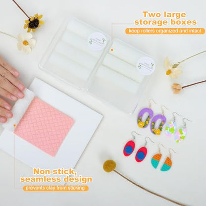 8 Pcs Non-Stick Polymer Clay Texture Rollers (Basic Texture) | Knit, Basket Weave, Stone & Cobblestone Textures, 2 Storage Boxes, Crisp Imprints, Seamless Patterns, Premium Resin - color: Basic Texture