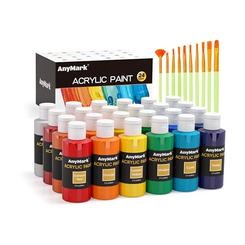 AnyMark Acrylic Paint Set, 24 Classic Colors with 10 Brushes, 2 fl oz/60ml Bottles, Art kit Painting Supplies for Adults Canvas, Rock, Wood - color: Classic, size: 2 Fl Oz (Pack of 24)