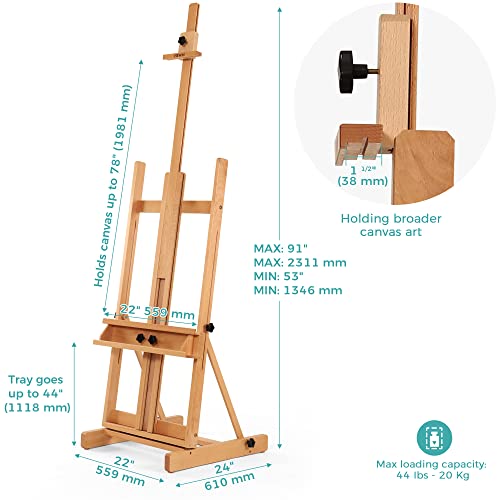 VISWIN Large H-Frame Easel for Painting 53"-91" H, Adjustable Solid Beech Wood Heavy Duty Easel Stand with Storage Tray, Hold Canvas up to 78", Art Easel for Adults, Artists - Natural - color: Natural