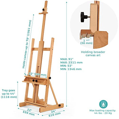VISWIN Large H-Frame Easel for Painting 53"-91" H, Adjustable Solid Beech Wood Heavy Duty Easel Stand with Storage Tray, Hold Canvas up to 78", Art Easel for Adults, Artists - Natural - color: Natural