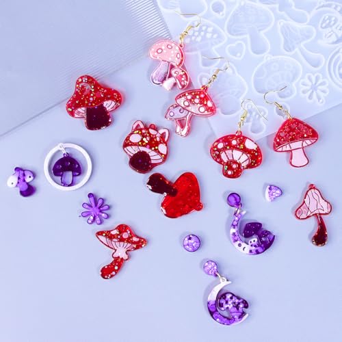 Rifanda Earring Resin Molds with Hole, 3 PCS Mushroom-Shaped Earrings Mold with 20 Pairs Earring Hooks & Studs, Silicone Jewelry Molds for Epoxy Resin for DIY Pendant Keychain Jewelry Making