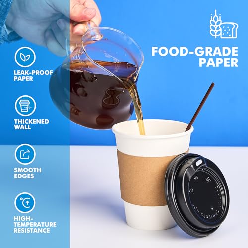 RACETOP 12 oz 100 Pack Disposable Paper Coffee Cups with Lids, Sleeves and Stirrers, Hot Cups, Paper Cups with Lids, Sleeves and Stirrers, Ideal for Home/Office - size: 12 oz