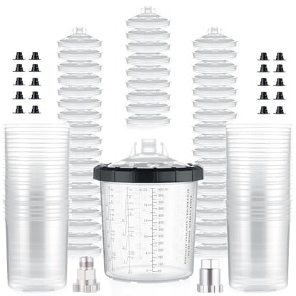 AEROPRO TOOLS Disposable Paint Cups Liners and Lid System, 50 Pack 22 Ounce (650ml) Kit for Spray Gun - 50 Liners, 50 Lids With Strainer, 1 Hard Cup With Retainer Ring, 20 Plugs, 2 Adapters - size: 22 oz (Standard)