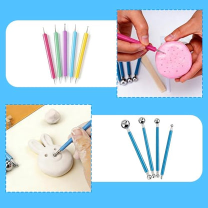 12PCS Dotting Tools Set, Clay Sculpting Tools with Double-Sided Ball Tips & 1.7OZ Air Dry Clay Glaze for Rock Painting, Pottery Embossing, Canvas Drawing & Clay Modeling Kit for Artists and Crafters