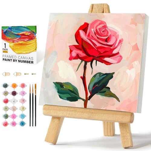 Offito Framed Paint by Numbers Kit for Adults Beginners & Kids Ages 8-12, Rose Flower Acrylic Easy Paint by Number with Frame, Number Painting Kits on Canvas Framed (12 * 12 Inch, Without Easel) - color: BOP1PF12, size: 12 x 12 Inch