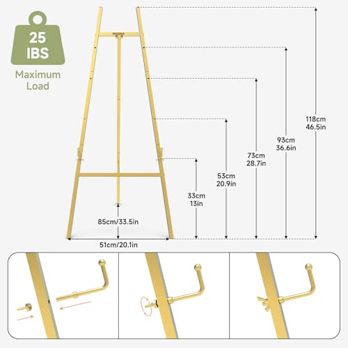 Gold Easel Stand for Sign, Heavy Duty Metal Display Easel with Adjustable Chain, 4-Tier Art Easel for Painting, Wedding Sign, Posters & Commercial Display