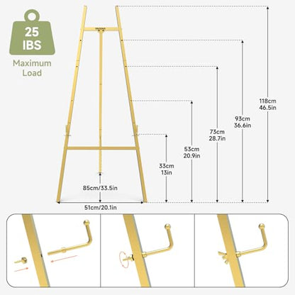 Gold Easel Stand for Sign, Heavy Duty Metal Display Easel with Adjustable Chain, 4-Tier Art Easel for Painting, Wedding Sign, Posters & Commercial Display