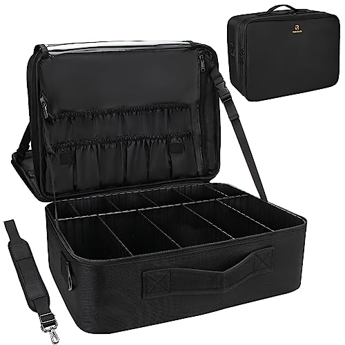Relavel Extra Large Makeup Case with Plastic Dividers Washable and Easy to Clean, Travel Makeup Train Case Professional Makeup Artist Bag Portable Nail Organizer Box Art Supply Case (Black) - color: Black with Plastic Dividers, size: Extra Large