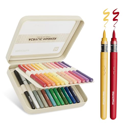 MemOffice Direct Liquid Acrylic Paint Markers, 24 Colors Brush Tip Pens with Carrying Case, No Bleed, Waterproof, for Rock, Wood, Canvas, Glass, Fabric, DIY Crafts for Adults - color: 24 Colors