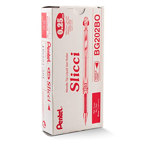 Pentel Arts Slicci 0.25 mm Extra Fine Gel Pen, Red Ink, Box of 12 (BG202-B) - color: Red, size: 12 Count (Pack of 1), style: 0.25mm