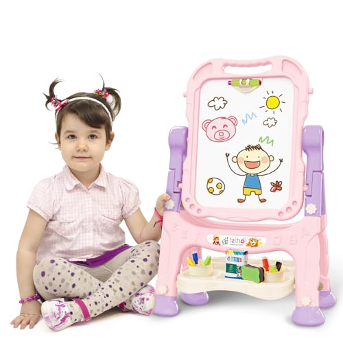Kids Art Easel, Adjustable Drawing Whiteboard & Chalk Board, Double Sided Toddler Easel with Painting Accessories, Birthday Gift Toy for Little Girls Boy Age 2 3 4 5 (Pink) - color: Pink