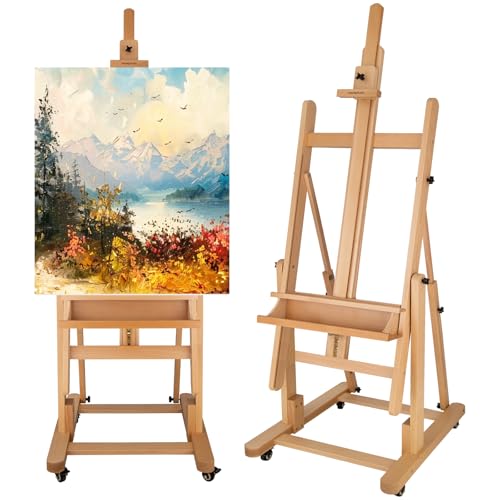 Falling in Art Extra Large H-Frame Studio Easel, Solid Beechwood Artist Easel with Storage Tray, Adjustable Canvas Holder Stand with Rolling Wheels for Painting Adult - style: Studio Easel Natural