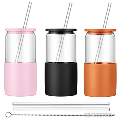 Sunseeke Glass Tumbler with Straw and Lid, 16oz Ice Coffee Cup, Silicone Sleeve Cleaning Brushes, Drinking Glasses for Water, Iced Coffee, Smoothie - BPA Free -3Pack - color: Butteruum, Black, A true pink
