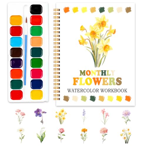 Easy Flowers Watercolor Workbook, Water Coloring Book, 12 Patterns, 18 Colors Watercolor Paint Set, Watercolor Kit for Beginners, Stress Relieving, DIY Art Kit for Adults Women Teen (Floral) - color: monthly flowers