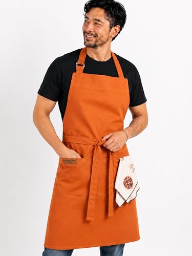 100% Cotton Kitchen Apron with 2 Pockets – Adjustable Chef Apron for Cooking Baking BBQ – Unisex Apron - color: Ochre, size: Standard