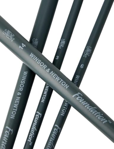 Winsor & Newton Foundation Synthetic Acrylic Brush Set, Long Handle, Round Filbert & Flat, 6 Pack - size: Round 3 & 6, Filbert 3 & 6, Flat 10 & 14, style: Long Handle