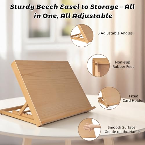 28 Pack Tabletop Easel Set,18.5"x12" Adjustable Portable Beechwood Drawing Board with 12 Paints, Canvas, Brushes, Sketchbook & More, Art Supplies for Kids Adults Beginners