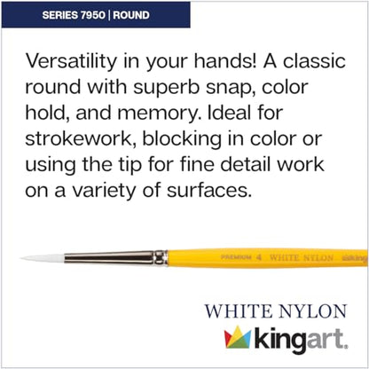 KINGART Premium White Nylon 7950-0 Gold Grip Round Artist Brushes, Synthetic Hair, Acrylic & All Media, Use for Face Painting, Body Art, Fabric, Ceramics, Glass, Wood etc. Size 0 - size: 0