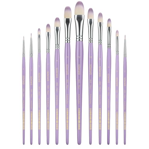 Professional Watercolor Paint Brush Set, 12 Pcs Filbert Artist Paint Brushes for Watercolor, Oil, Gouache and Acrylic Painting, Purple Handle - color: Purple, size: Filbert