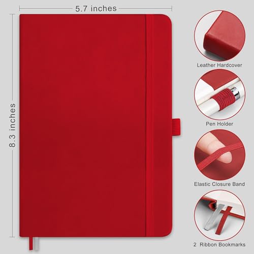 AHGXG Dotted Journal Notebook, 160 Numbered Pages, A5 Medium Size (5.7'' x 8.3''), 120 GSM Thick Paper, Leather Hardcover, for Journaling, Planning, Tracking (Red) - color: Red, style: Dotted