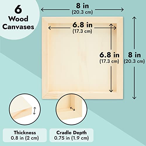 Juvale Wooden Canvas Board - 8 x 8 x 0.75 in, Natural Pine, Pack of 6 - Unfinished Wooden Frames for Crafts - Versatile Art Supply Wood Panel for Painting, Acrylic, Oil & Watercolor