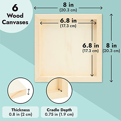 Juvale Wooden Canvas Board - 8 x 8 x 0.75 in, Natural Pine, Pack of 6 - Unfinished Wooden Frames for Crafts - Versatile Art Supply Wood Panel for Painting, Acrylic, Oil & Watercolor