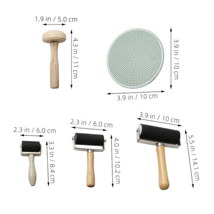 OFFSCH 5pcs Rubber and Wooden Roller Set for DIY Block Printing with Ink Rubbing Tool and Wooden Mushroom Roller, Multi-Size Crafting Stamping Accessories for Art Projects