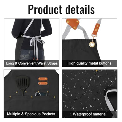 Aoomzoon Durable Kitchen Apron,Multifunctional Chef Aprons for Women & Men with Pockets for Cooking Baking & Daily Use - color: Black