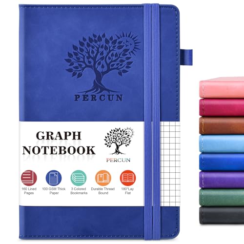 PERCUN A5 Graph Paper Notebook, Leather Journal, 160 Pages Grid Notebook | 5.9"x8.5" hardcover journal with quad ruled paper for work, school, writing, notes, journaling and daily planning. - color: Dark Blue, size: Grid Page